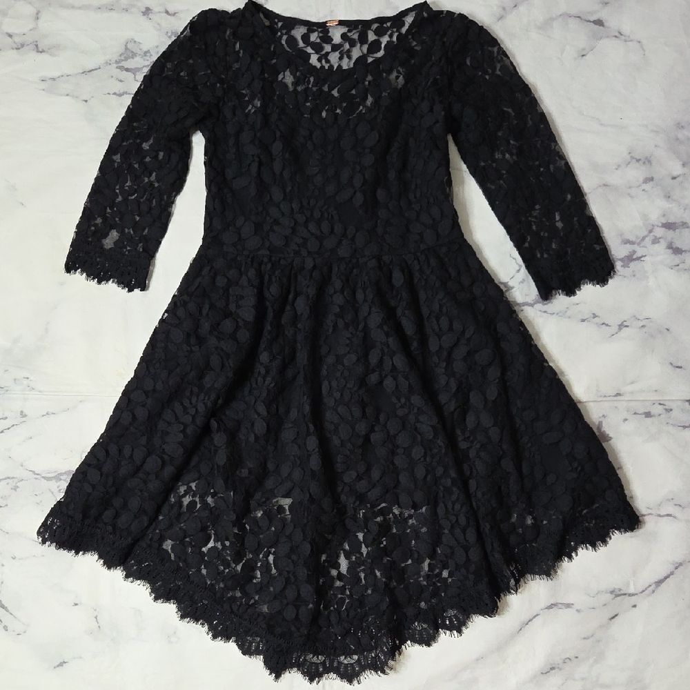 Free People Black Lace Fit & Flare Dress Asymetrical Hem